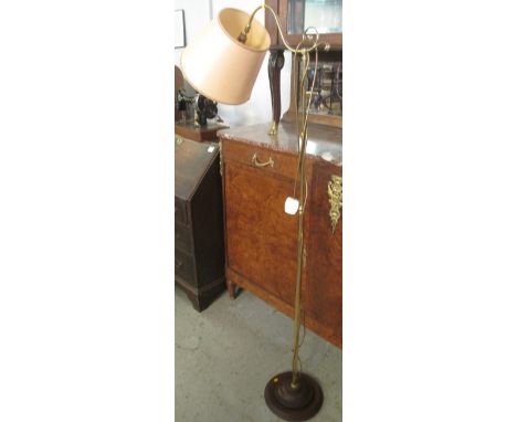 Modern brass standard lamp with shade, on hardwood circular, stepped base. (B.P. 24% incl. VAT)
