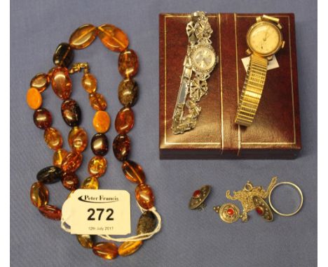 Box containing lady's 9ct gold watch, amber beads, marcasite watch and earrings, dress ring, pendant on chain etc.(B.P. 24% i