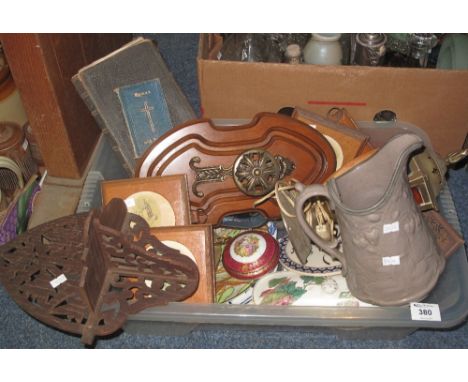 Tray of assorted items to include: Holy Bibles; tie press; furnishing prints; various plates; table lantern etc.(B.P. 24% inc