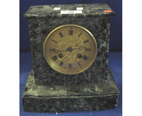 Small veined marble two train mantel clock with gilded Roman face and French brass drum movement striking on one bell.(B.P. 2