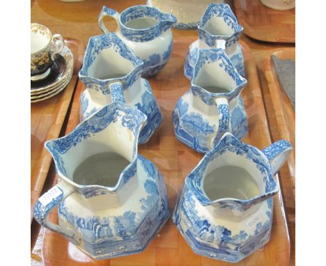 Set of five Copeland Spode Italian graduated blue and white pouch shaped dresser jugs, together with a Copeland Spode Italian