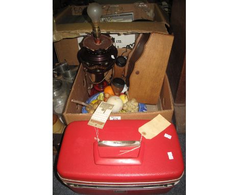 Box of assorted items to include: wooden, cased telephone; ruby glass standard lamp; blue and white fruit bowl with artificia