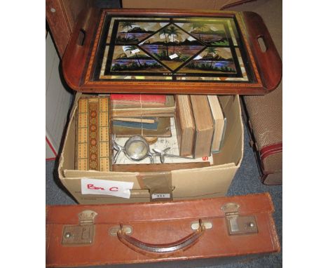 Box of assorted items to include: small vintage leather suitcase; hardwood two handled tray, inlaid with scenes from Rio de J