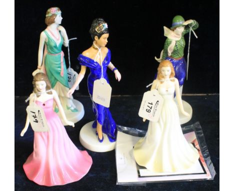 Five Royal Doulton bone china figurines to include: 'The Gemstones Collection' 'June Pearl'; 'July Ruby'; 'Pretty Ladies' 'Na