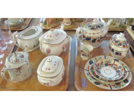 Two trays of 19th Century porcelain floral items comprising: matching teapot and lidded sugar bowl; Batware teapot; other tea