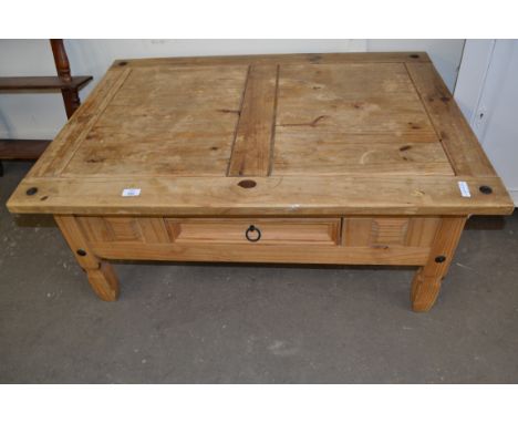 LARGE MODERN PINE COFFEE TABLE WITH RING HANDLE DRAWER BELOW, 107CM WIDE
