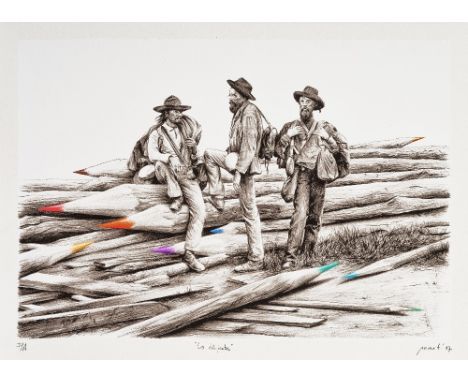 Paco Pomet (Spanish 1970-), 'Los Dibujantes (The Draughtsmen)', 2017, hand embellished screen print on Saunder´s Waterford of