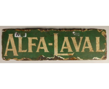 A single sided vitreous enamel ALFA - LAVAL agricultural sign, 34 x 10 cm 