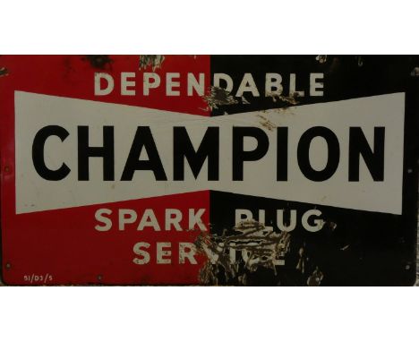A Champion vitreous enamel sign, advertising spark plug service, H x 33cm, W x 56cm 