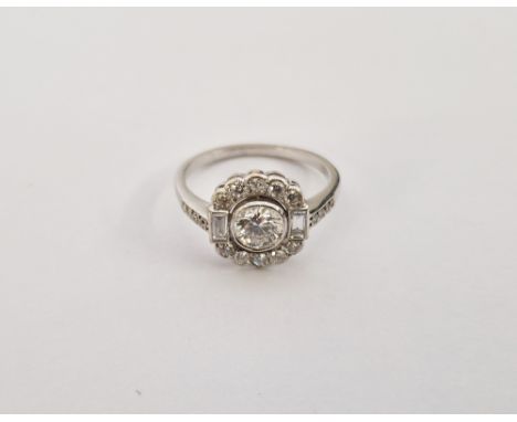 18ct white gold Art Deco diamond dress ring, the centre circular collet set stone, approx 0.75 ct, flanked by pair small bagu