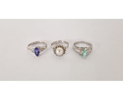 18ct gold, pearl and white stone cluster ring size M, 18ct white gold blue stone and diamond dress ring size M1/2, 18ct white