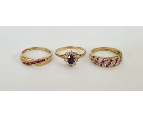 9ct gold, purple and white stone cluster ring size N, a 9ct gold and pink stone twist ring, stones channel set size N1/2, and