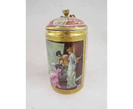 Vienna-style porcelain tankard and cover, late 19th century, blue shield mark, painted with three women looking at an album i