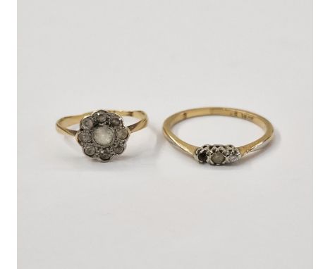 18ct gold ring set two white stones size P (one missing), and another 18ct gold ring set diamond flowerhead (worn) size H1/2,