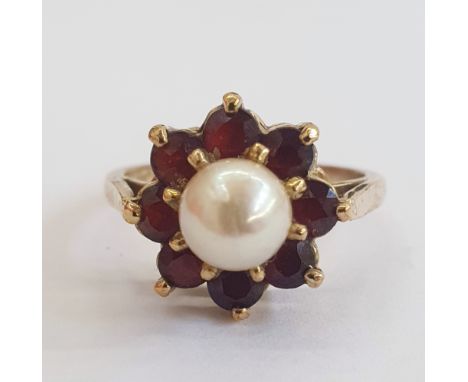 9ct gold, pearl and garnet cluster ring size L1/4