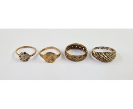 9ct gold small signet ring&nbsp;(worn)(size P), a gold-coloured and white stone eternity ring&nbsp;(size N1/2), a 9ct gold an