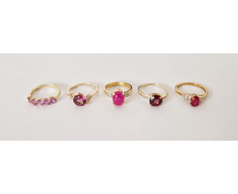 14ct gold and pink stone and diamond ring size Q, set oval cabochon pink stone ring size M and three 9ct gold pink and white 