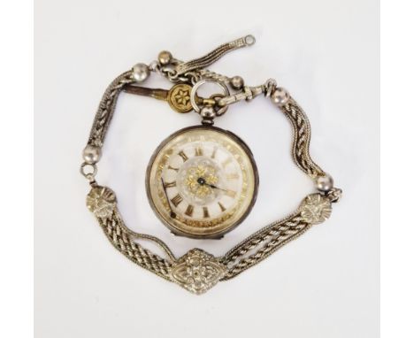 Continental silver cased open faced pocket watch, the silvered dial having gilt Roman numerals denoting hours, with gilt flor