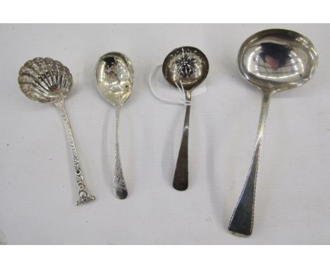 Small Georgian silver sauce ladle, together with three silver sugar sifter spoons, various ages, gross weight approximately 1