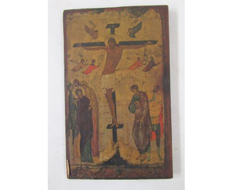 20th century icon in the Russian style, print on paper mounted on board, depicting the Crucifixion, 26cm x 16cm&nbsp;