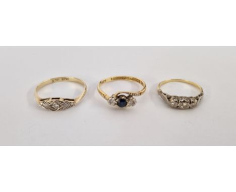 Platinum, 9ct gold and diamond ring, 1920's-style size M, an 18ct gold, sapphire and diamond ring set single sapphire, and tw