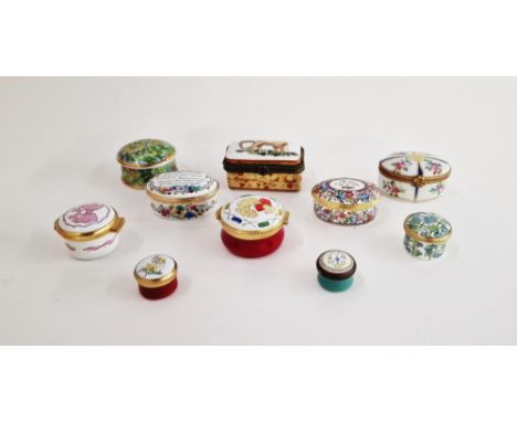 Collection of modern enamel and porcelain gilt metal-mounted pill and snuff boxes, variously decorated with elephants and flo