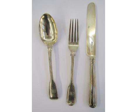 Victorian silver child's christening set&nbsp;viz:- spoon, fork and knife, fiddle and thread pattern, London 1933&nbsp;
