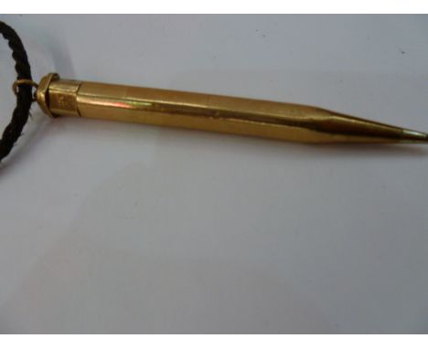 Vintage 9ct gold 'Lady Yard O'Lette' propelling pencil, engine turned, stamped, with gold-plated,&nbsp; brown cord attachment