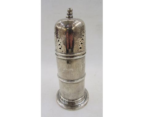 Edwardian silver sugar caster, the domed top with finial, cylindrical body, 16cm high (with slight damage), London 1906, 5ozt