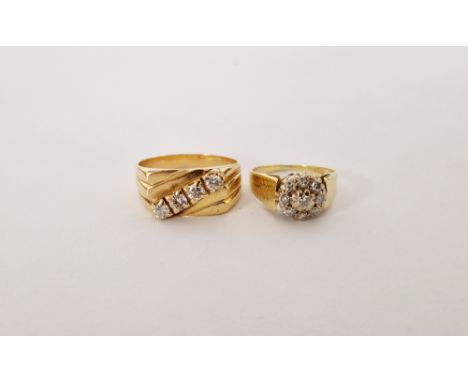 18ct gold and diamond cluster ring&nbsp;(with wear) size I, and a gold-coloured metal and diamond ring set four stones size Q