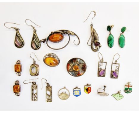 Amber and silver pendant, set single stone within open foliate C-scrolls, a quantity of pendants, earrings, a brooch,&nbsp;an