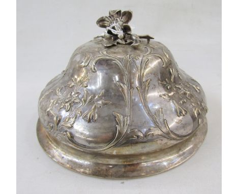 Early Victorian silver muffin dish lid, with embossed and engraved floral motifs throughout, narcissi finial, hallmarked Lond
