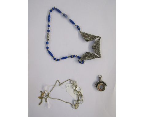 Edwardian silver compass fob, a white metal gem set necklace, possibly moonstone and a white metal and blue stone necklace&nb