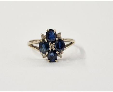 9ct gold sapphire and diamond ring, set four oval sapphires and small diamonds size Q1/4
