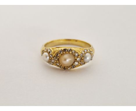 Gold pearl and diamond dress ring, set three pearls surrounded by small old cut diamonds size J