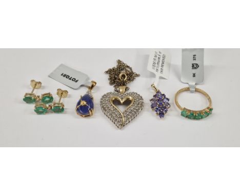 9K gold and emerald ring&nbsp;size P1/2,&nbsp;pair 9K gold, emerald and diamond drop earrings, 9K gold and tanzanite pendant,