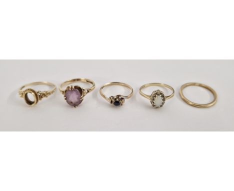 9ct gold ring set small blue stone size L (stones missing), a 9ct gold ring mount&nbsp;(oval stone missing) size L, a 9ct gol