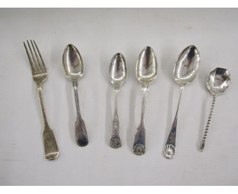 Four assorted silver teaspoons, Victorian and later, together with another spoon, silver fork, lidded pill pot and a miniatur