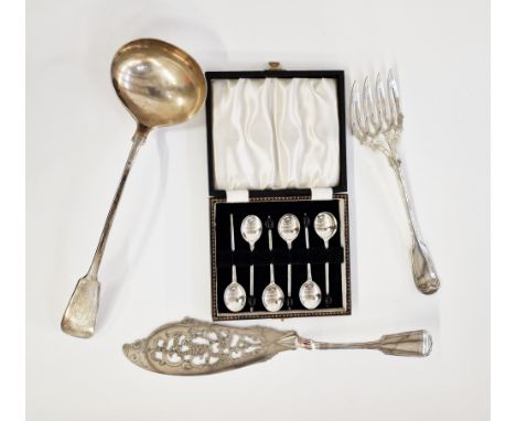 A pair of silver plate fish servers, pierced and foliate design, silver plate soup ladle and a cased set of plate coffee bean