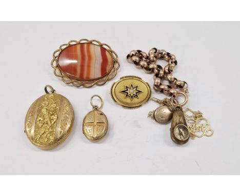 Two gold plated lockets, agate set brooch, gold coloured metal bracelet with watch key, compass and locket charms, gilt metal