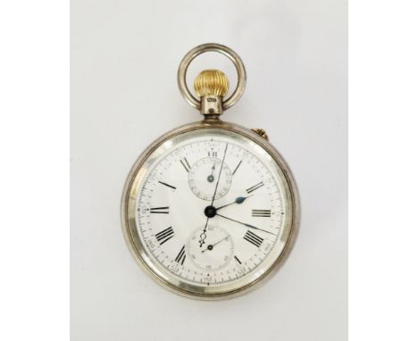 Victorian silver cased chronograph pocket watch 'The Ascot', patent 20th June 1887, the enamel dial with Roman numerals denot
