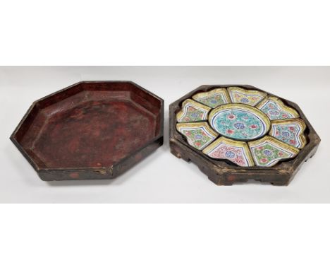 Canton enamel sweetmeat set in black lacquer octagonal box and cover, Qing dynasty, comprising: a central circular enamel dis