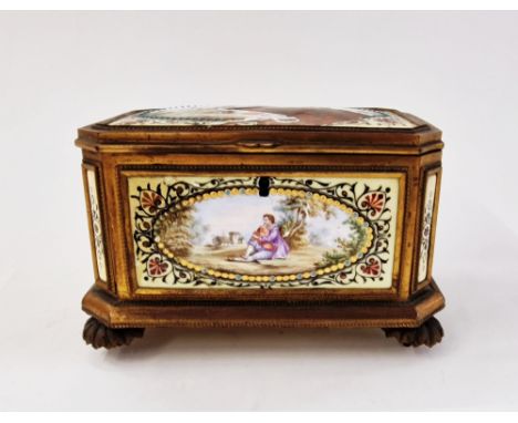 Late 19th century French enamel and gilt metal-mounted jewellery casket, of canted rectangular form decorated with figures af