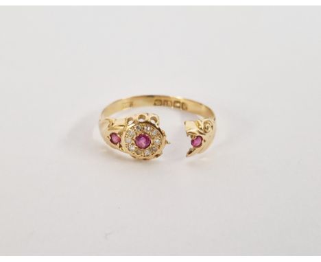 18ct gold, ruby and diamond ring set three pink stones and old cut diamonds (in need of repair), size P, 2g weight