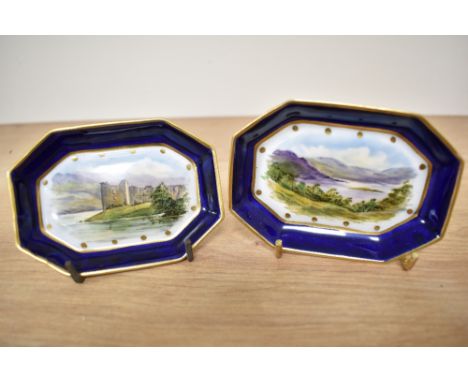A pair of Victorian Wedgwood porcelain trinket dishes, of octagonal form and decorated with Highland landscapes, each measuri