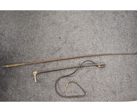 A horn handled carriage whip and a cane