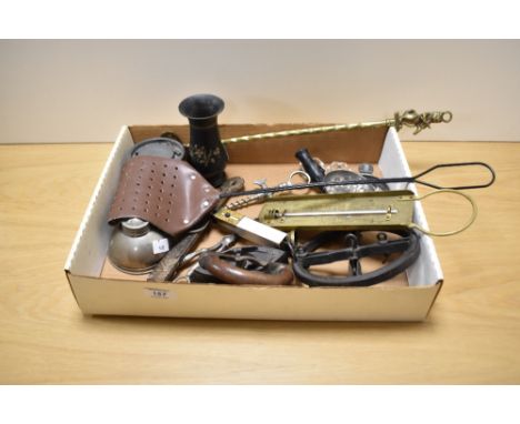 A miscellany of vintage and antique items, to include Brass thermometer, cork screw, bottle opener, scales etc.
