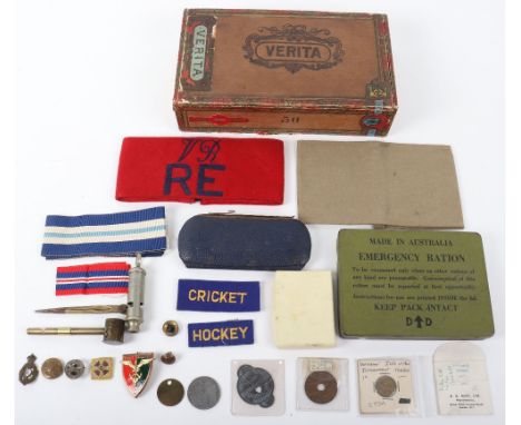 British Royal Engineers Armband, red wool armband with blue embroidered lettering “V R RE”. Accompanied by a selection of oth