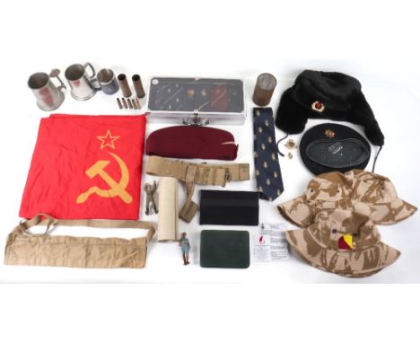 Mixed Militaria, consisting of British Army middle east issue Boonie caps (one with regimental marking); Soviet Russian flag;