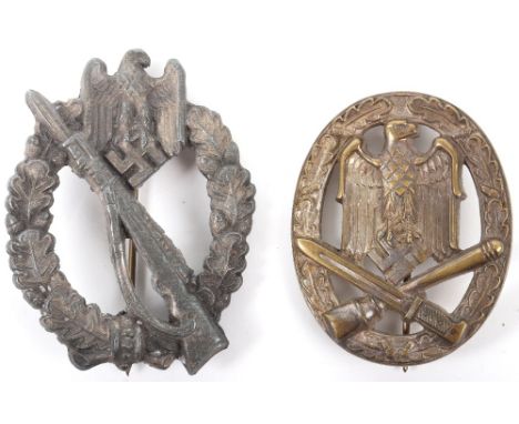 German Army / Waffen-SS Infantry Assault and General Assault Combat Badges, both complete with pin and catch fixings to the r